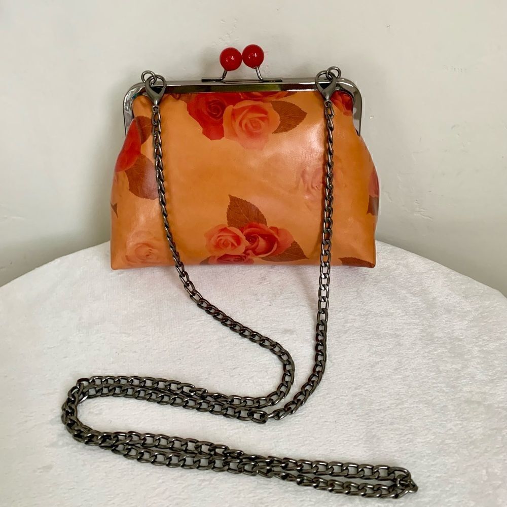 Handmade Genuine Leather Rose Print, Cherry Kisslock Purse/Wristlet/Crossbody
